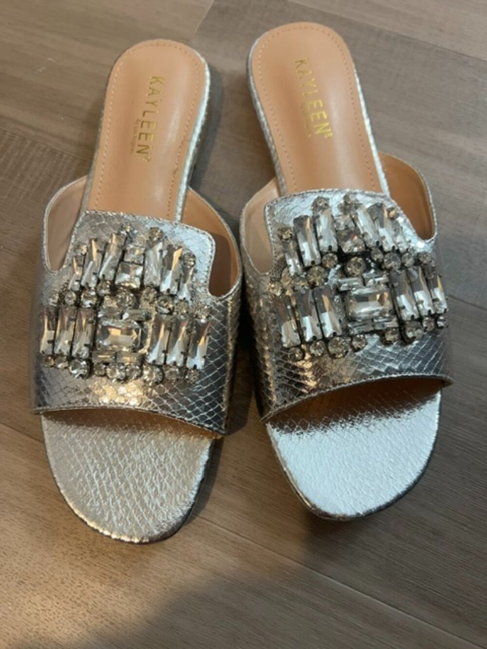 Kayleen Silver Embellished Slide Sandals Size 10